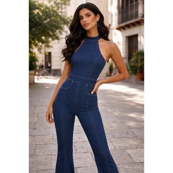 Free People We The Free Dark Wash Denim Halter Flare Leg Jumpsuit Size 6 - Picture 2 of 9